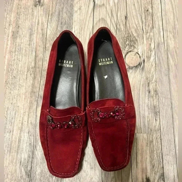 Stuart Weitzman RED Suede Leather Jeweled Loafers 6.5 - Picture 11 of 11
